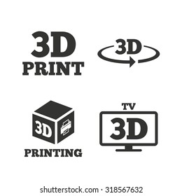 3d technology icons. Printer, rotation arrow sign symbols. Print cube. Flat icons on white. Vector
