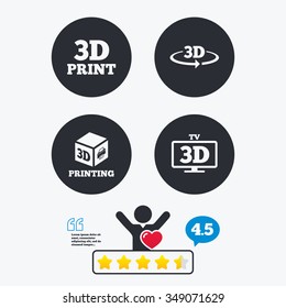 3d technology icons. Printer, rotation arrow sign symbols. Print cube. Star vote ranking. Client like and think bubble. Quotes with message.