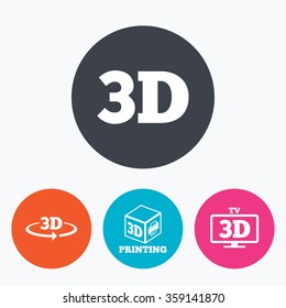 3d technology icons. Printer, rotation arrow sign symbols. Print cube. Circle flat buttons with icon.