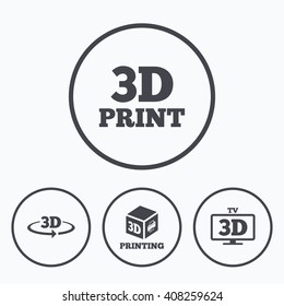 3d technology icons. Printer, rotation arrow sign symbols. Print cube. Icons in circles.