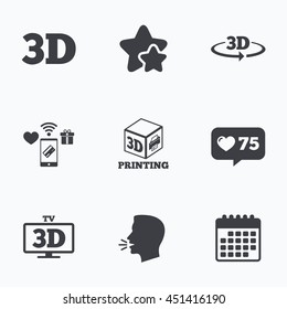 3d technology icons. Printer, rotation arrow sign symbols. Print cube. Flat talking head, calendar icons. Stars, like counter icons. Vector