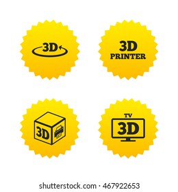 3d technology icons. Printer, rotation arrow sign symbols. Print cube. Yellow stars labels with flat icons. Vector