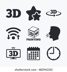 3d technology icons. Printer, rotation arrow sign symbols. Print cube. Wifi internet, favorite stars, calendar and clock. Talking head. Vector