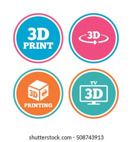 3d technology icons. Printer, rotation arrow sign symbols. Print cube. Colored circle buttons. Vector