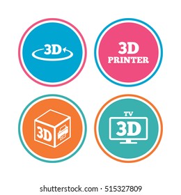 3d technology icons. Printer, rotation arrow sign symbols. Print cube. Colored circle buttons. Vector
