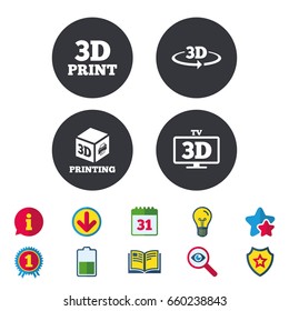 3d technology icons. Printer, rotation arrow sign symbols. Print cube. Calendar, Information and Download signs. Stars, Award and Book icons. Light bulb, Shield and Search. Vector
