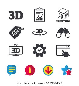 3d technology icons. Printer, rotation arrow sign symbols. Print cube. Browser window, Report and Service signs. Binoculars, Information and Download icons. Stars and Chat. Vector