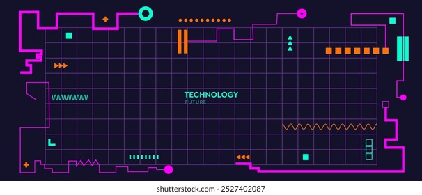 3D-Technologiemuster im Cyberpunk-Stil. Abstraktes Hi-Tech Netzwerk für Social Media Beiträge, Mobile Apps, Karten, Einladungen, Banner Design. Futuristisches Cyberspace-System in Vektorgrafik.