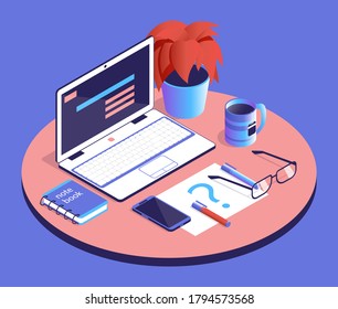 3D-Technologie Arbeitsplatz-Isometrie mit Laptop, Smartphone, Notebook, Tasse Tee, Brille und pflanzenisometrisches flaches Design. Blaue, rote und weiße Vektorgrafik