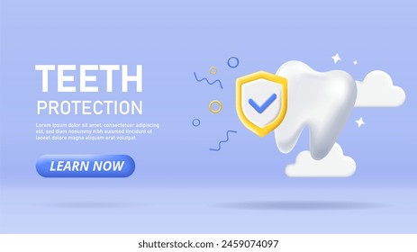 3D Teeth protection poster. Health care and medicine. Oral cleanliness and hygiene. Dentistry and stomatology. Clinic advertising. Landing webpage design. Cartoon isometric vector illustration