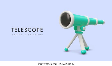 3D telescope on tripod. Vector cartoon image. Services of supervision, observation. Equipment for research. Specialized optics. Horizontal template with place for logo, text