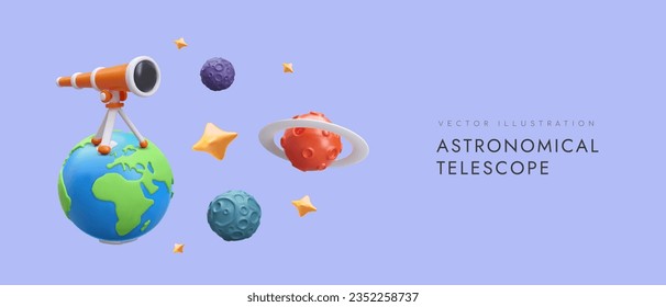 3D telescope stands on Earth. Space in cartoon style. Color vector poster. Stargazing, interesting hobby. Cute ad. Discovery of new planets, stars, galaxies