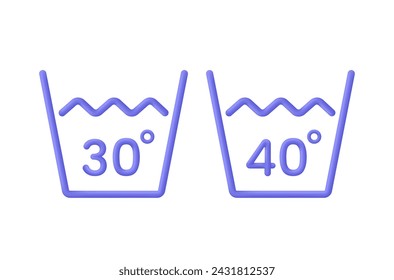Icono de lavado de temperatura 3D. Lavar a 30 o a 40 grados o bajo icono. Vector moderno y moderno en estilo 3d