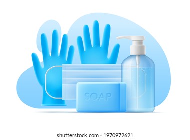 3D template disinfectant, personal care product. Vector illustration PPE, medical mask, sanitizer, antiseptic, gloves, soap on background of abstract shapes. Epidemic infectious disease prevention.