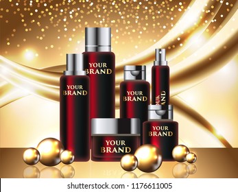 3d template mock up for branding to promote luxury cosmetic product. Vector realistic skin care big night series. Jar, spray, tube, container with cosmetic cream 