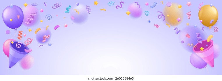 3D template with party popper with flying confetti and balloons for birthday, New Year, sale,celebration banner. Firecracker explosion festive design template, frame background. 3D vector illustration