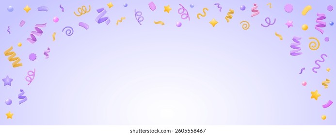 3D template with party popper with flying confetti and balloons for birthday, New Year, sale,celebration banner. Firecracker explosion festive design template, frame background. 3D vector illustration