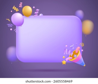 3D template with party popper with flying confetti and balloons for birthday, New Year, sale,celebration banner. Firecracker explosion festive design template, frame background. 3D vector illustration