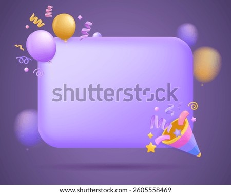 3D template with party popper with flying confetti and balloons for birthday, New Year, sale,celebration banner. Firecracker explosion festive design template, frame background. 3D vector illustration