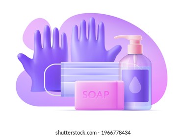 3D template personal protectiven equipment on background of abstract shapes. Vector illustration PPE, medical mask, sanitizer, antiseptic, sterile latex gloves, solid soap.