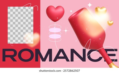 3D template in Y2K style with elements of a glass, heart, and geometric shapes. Romantic vector horizontal banner. Suitable for creating invitations for romantic dates, social media design. 