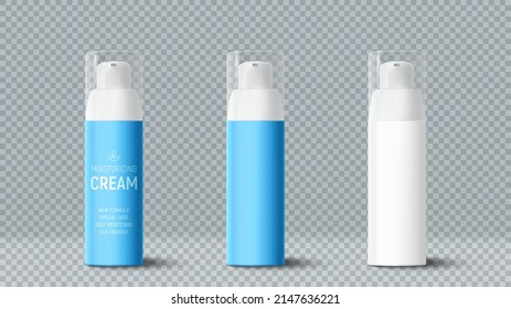 3d plantillas de botellas cosméticas. Frascos 3d de crema hidratante aislados en el fondo a cuadros. Paquetes vectores 3d para la promoción de productos cosméticos. Un vector realista que se burla de los bienes para el cuidado de la piel.