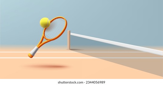 3d tennis club or school or competition render illustration with tennis racket and tennis ball on tennis court background Illustration