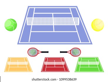 3D Tennis grass, clay, asphalt, hard court set. Tennis court with two racquets and green, yellow balls. Flat style vector illustration icons isolated on white. Tennis racquets, courts, balls set.