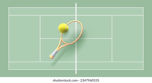 3d tennis racket and tennis ball on green tennis court background, Illustration or banner backdrop for competition poster