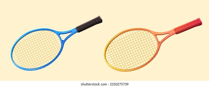 Raqueta de tenis 3D aislada en fondo amarillo claro. Un azul, un naranja.