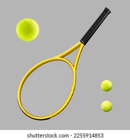 3D tennis set isolated on light grey background. Including tennis racket, and balls.