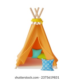 3d Tent Children Room Cartoon Style. Vector illustration of Wigwam or Teepee with Pillows