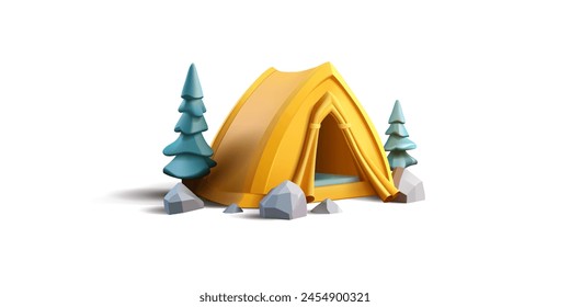3D tent with trees, camping. Realistic image for outdoor recreation, travel, leisure, and lifestyle concepts. Vector