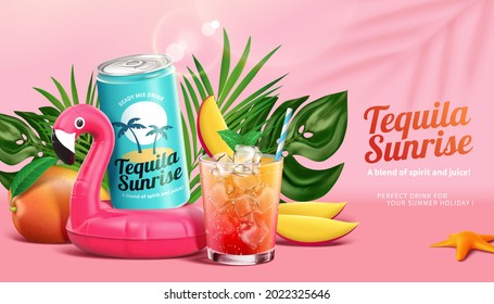 3d tequila sunrise ad. Concept of pink tropical jungle paradise. Drink can on flamingo swimming ring with a glass of cocktail aside. Decorated with tropical plant and mango around. - Shutterstock ID 2022325646