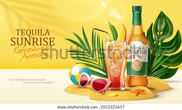 3d tequila sunrise advertisement design\
banner. Cocktail glass bottle and cup on sand dunes with tropical\
plants, starfish, sunglasses and\
volleyball.