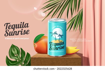 3d Tequila Sunrise Cocktail Ad Template. Tin Mockup Set On Wooden Pedestal With Mango And Tropical Leaves. Pink Curtain Studio Scene Design.