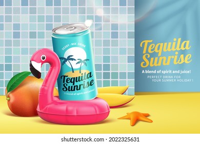 3d tequila sunrise cocktail promo ad with blue tiles wall scene design. Tin on flamingo swimming ring with mango and starfish.