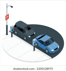 3d terminal for paying for parked. the entrance to a paid parking lot. the entrance to the parked lot. Machine parking on a street. Parking meter next to a parked car. Parking ticketing urban. 2332