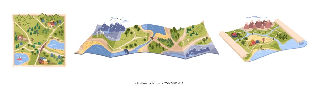 3D terrain maps set, landscapes, elevations and geographic features. Vector planning and education, architecture and geology. Representation of geographical landscapes with height, depth and slope