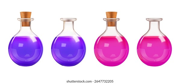 3d test tube, chemistry lab glass bottle. Witch magic potion flask, laboratory beaker vector icon. Science vial medical equipment, isolated poison antidot elixir. Realistic glassware with color water