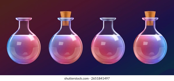 3d test tube, chemistry lab glass bottle. Witch magic potion flask, laboratory beaker vector icon. Science vial medical equipment, isolated poison antidot elixir. Realistic glassware with color water