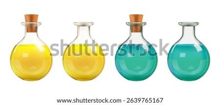3d test tube, chemistry lab glass bottle. Witch magic potion flask, laboratory beaker vector icon. Science vial medical equipment, isolated poison antidot elixir. Realistic glassware with color water