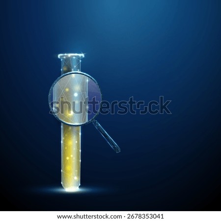 3d test tube with yellow plasma under a magnifying glass. Blood analysis, plasma examination, medical diagnostics, disease detection concept. Low poly digital futuristic style, wireframe. Vector.