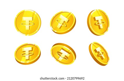 3d Tether or Usdt coin from a different angle or positions. Cryptocurrency. Blockchain technology. Crypto currency, internet money. Mining, finance, digital money market. Vector sign payment symbo