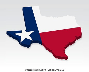 3D  Texas map with flag. Three dimensional map of State Texas with shadow. Flag of Texas on white background for your design, app, UI. United States. Stock vector. EPS10. 