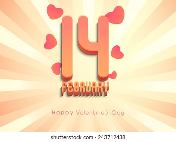 3D text 14 February with hearts for Happy Valentine's Day celebration on shiny abstract rays background.