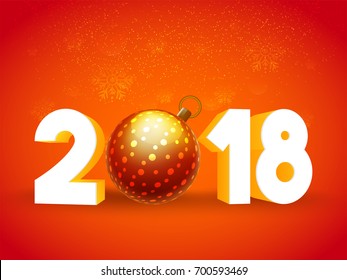 3D-Text 2018 mit Weihnachtsball auf Schneeflocken dekoriert orangefarbenem Hintergrund.