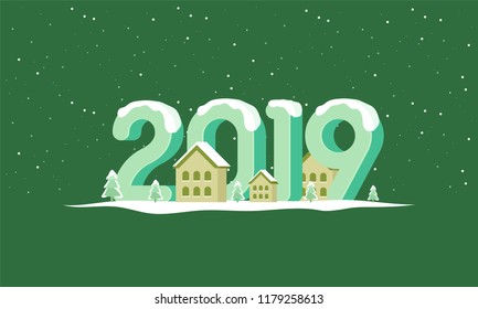 3D text 2019 covered with snow on green background for Happy New Year celebration.