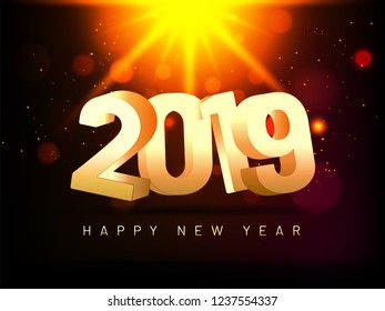 3D text 2019 on brown bokeh background with lens flare effect. Happy New Year poster or greeting card design.