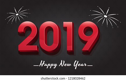 3D text 2019 on glossy black background for New Year celebration poster design.